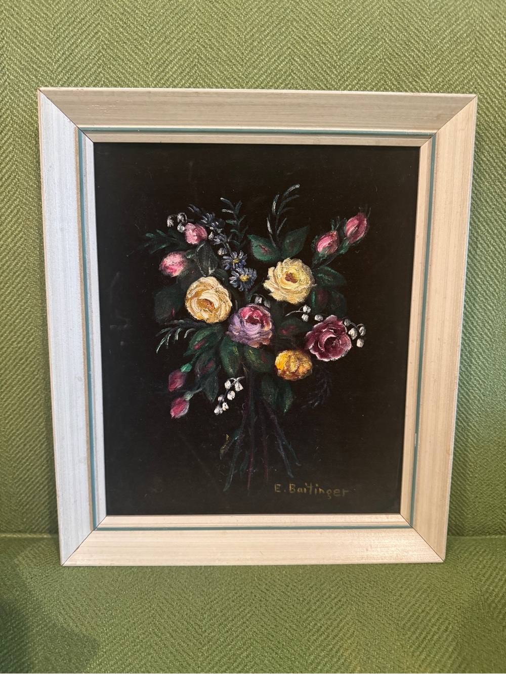 Vintage Art Framed Floral Bouquet Painting with Velvet Background